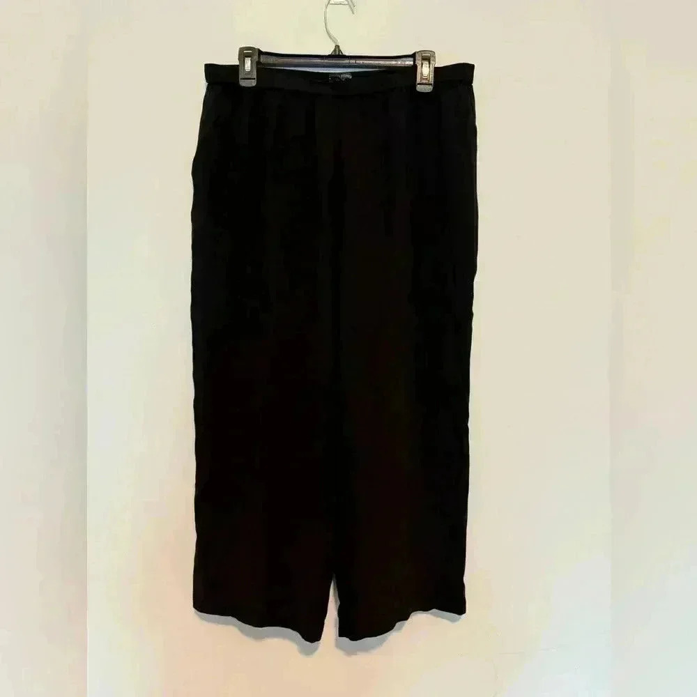 EILEEN FISHER Silk Stretch Wide Leg Black Pants Size M Pull On Elastic Waist